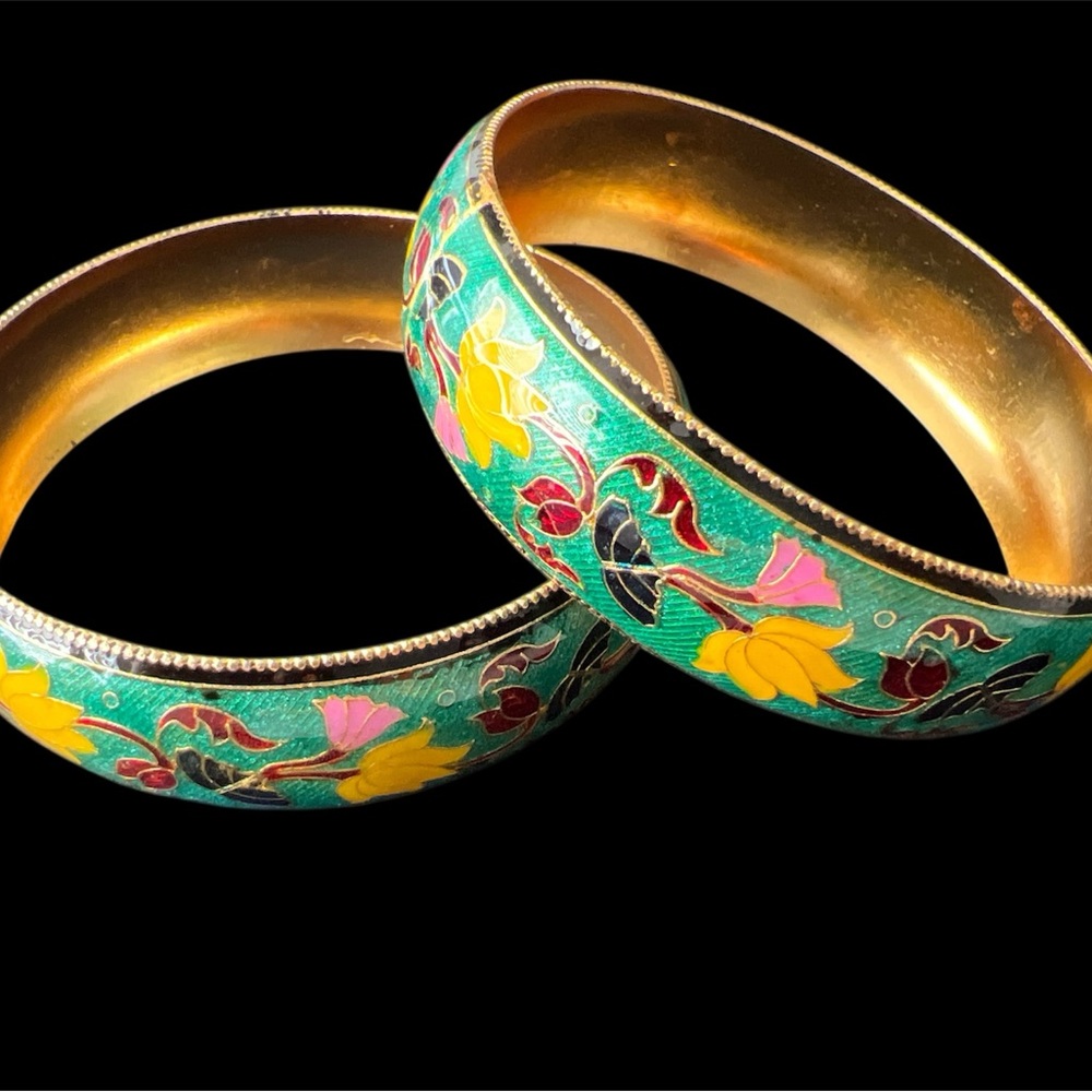 Floral Enamel Bangles - Green and Gold
